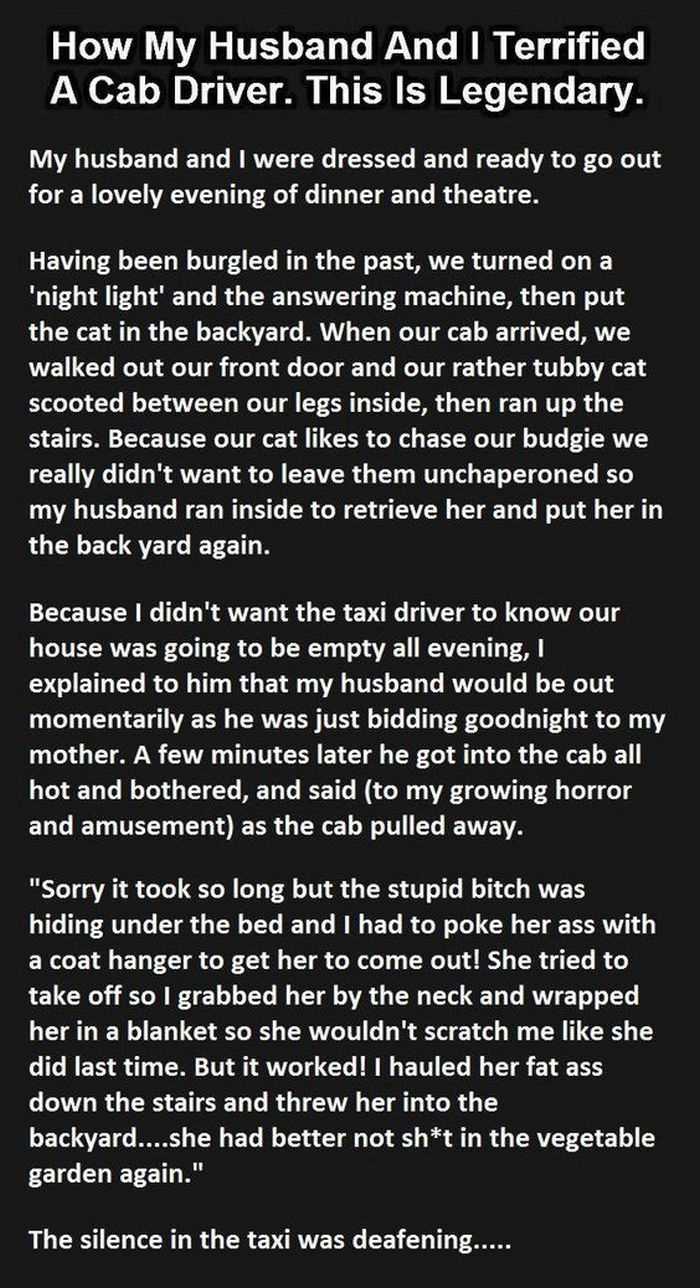 humorous short story about terrifying a cab driver 