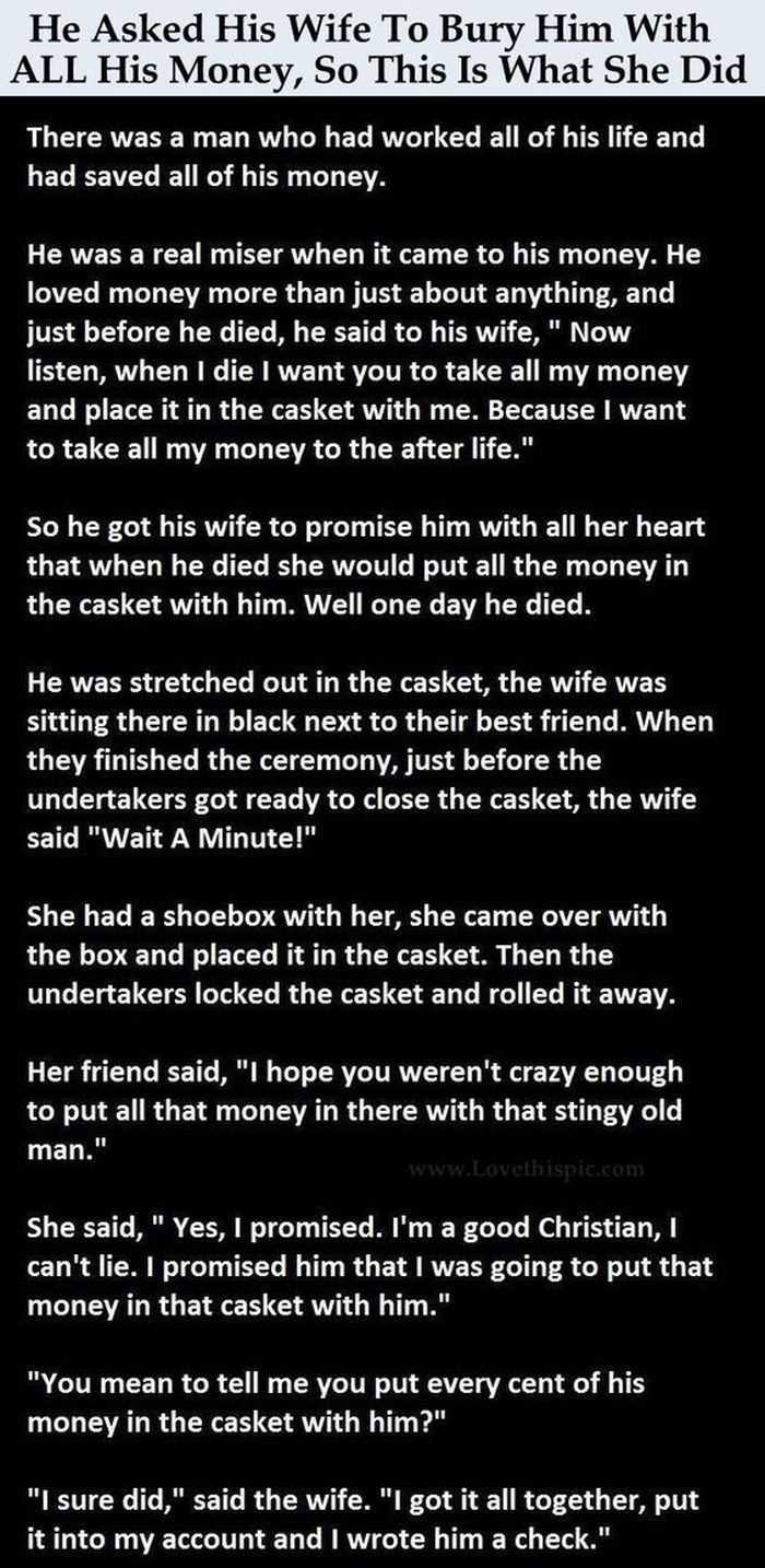 a funny story about a good christian wife keeping her promise to her dead husband