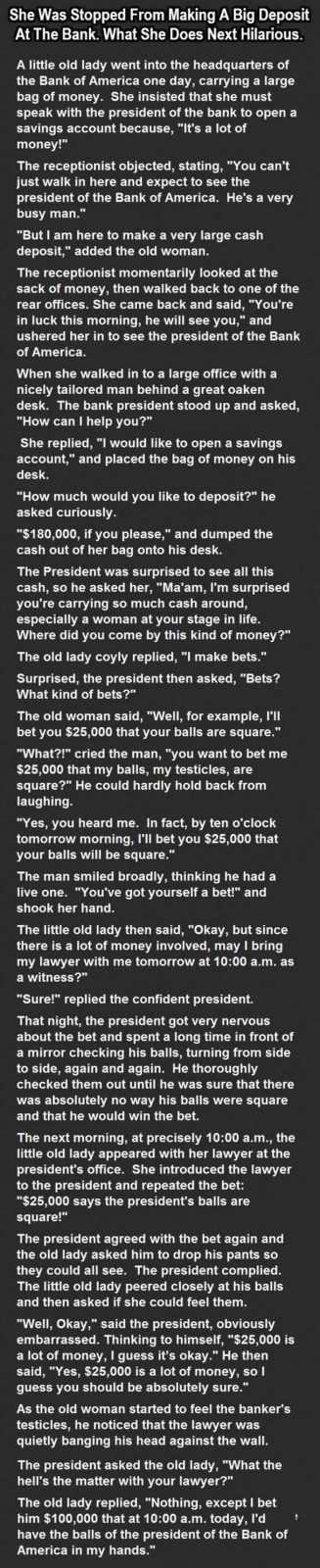 een uit onze verzameling grappige korte verhalen over een sluwe oude dame in een bank