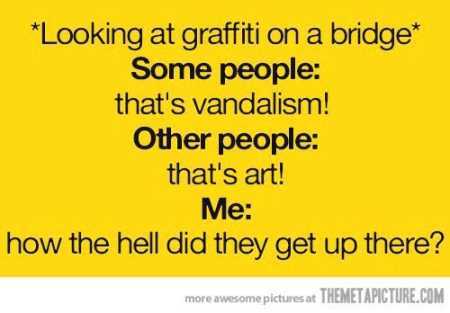 looking at graffiti on a bridge
