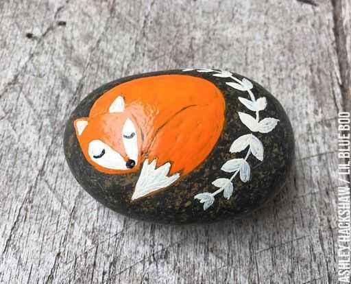 fall rock painting ideas  sleeping fox