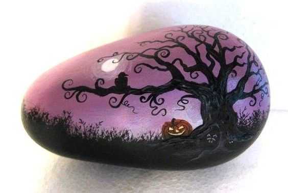 halloween rock painting  dead tree with jackolantern