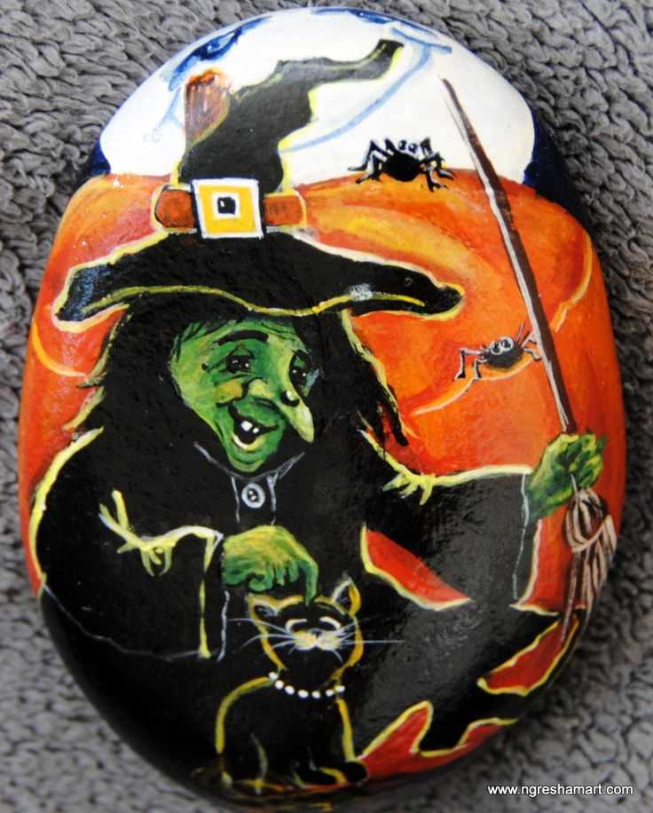 halloween painted rocks  witch with pet cat