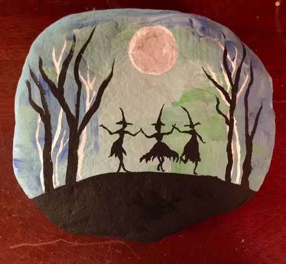 halloween painted rock ideas  3 witches dancing under full moon