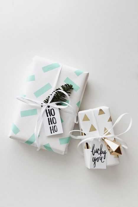 DIY Gift Wrapping  white paper, green tape and gold paper