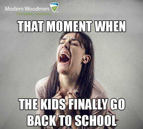 meme featuring a mom laughing hysterically captioned that moment when the kids finally go back to school
