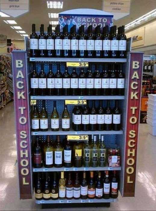 back to school teacher meme showing a supermarket shelf stocked with wine labeled back to school