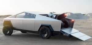 Tesla Cybertruck with Integrated Ramp Tesla Cybertruck with integrated ramp carrying an atv