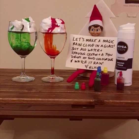 clever elf on the shelf ideas  magic rain shaving cream and food colouring