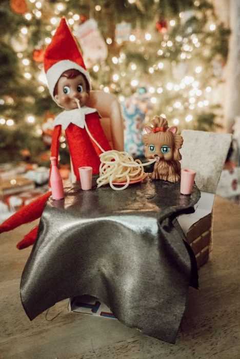 clever elf on the shelf ideas  lady and the tramp scene