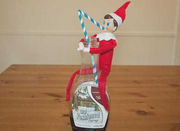 clever elf on the shelf ideas  drinking maple syrup with a straw