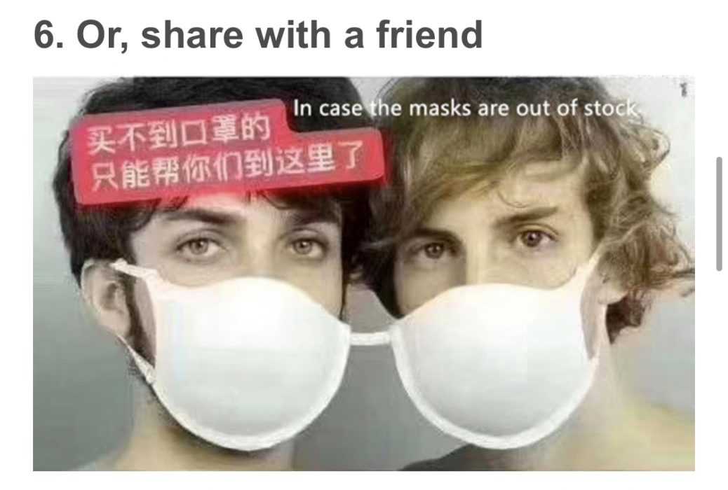 coronavirus meme showing 2 men sharing a bra to stay safe from corona virus