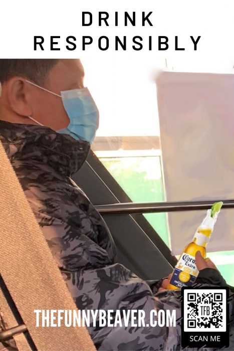 one of our funny corona beer memes featuring a man drinking a corona beer while wearing a mask