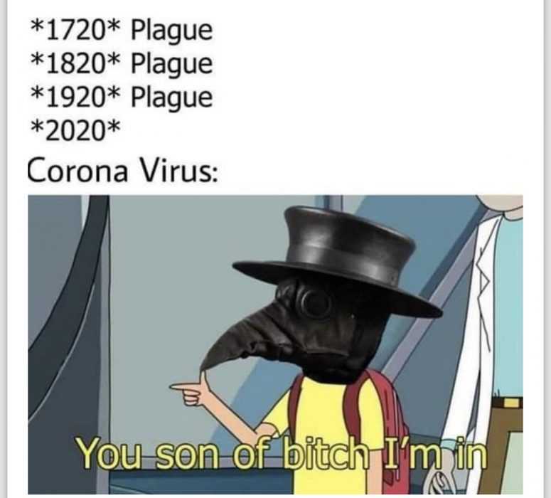 coronavirus meme featuring plague happening in 100 year intervals