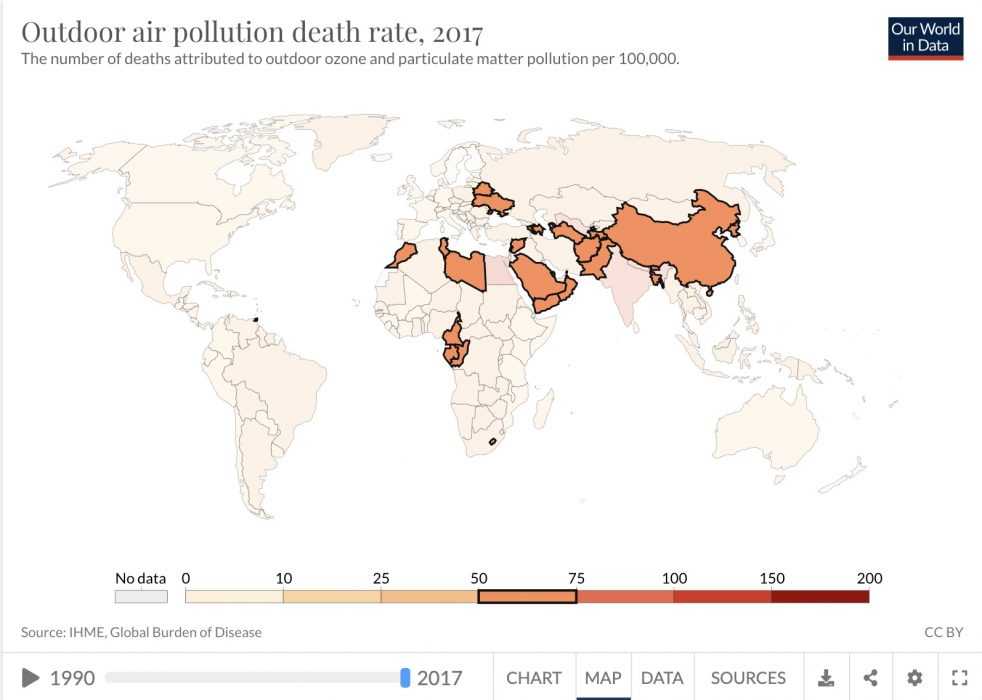 World map showing air pollution death rate 2017