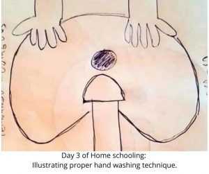 homeschooling fail  child draws a picture of how to wash your hands properly in homeschooling art class