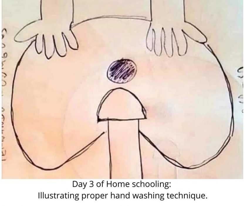 homeschooling fails  child draws a picture of how to wash your hands properly in homeschooling art class. Talk about homeschool fail