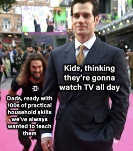 homeschooling memes  meme about kids who expect to watch tv all day during home school...like aquaman about to tackle superman