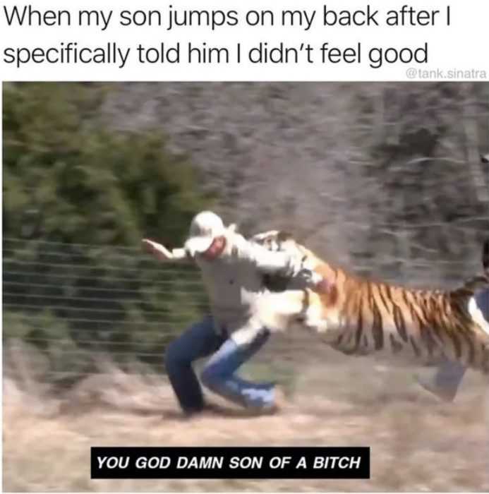 homeschooling meme  when son jumps on my back when I told him I don't feel good