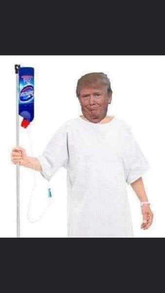 Lysol Memes Bleach Memes and Disinfectant Memes  meme of trump walking with a bleach iv drip in hospital gown