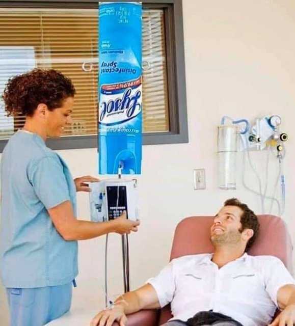 Lysol Memes Bleach Memes and Disinfectant Memes  meme of a man smiling at nurse while receiving a lysol IV drip