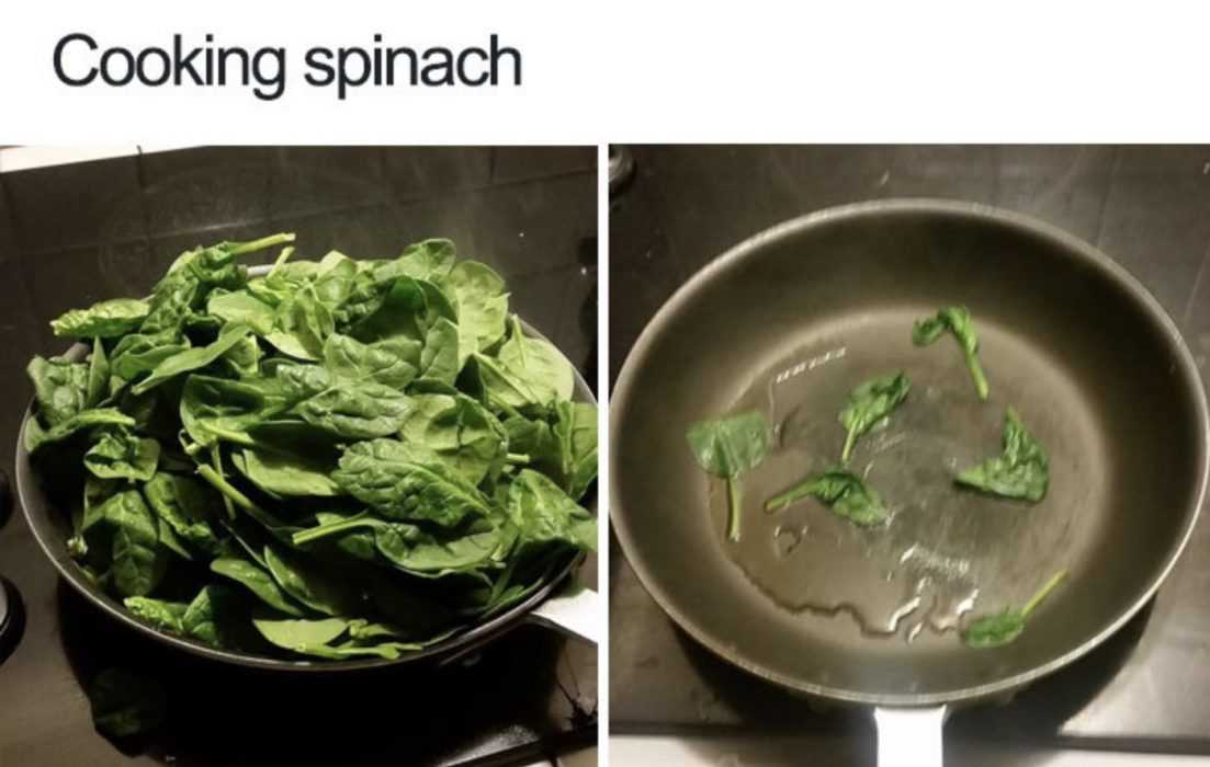 meme featuring a pan of spinach before cooking and after cooking