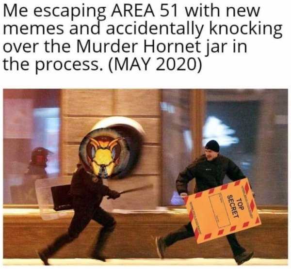 meme featuring someone escaping area 51 with new meme but knocked over a jar of murder hornets