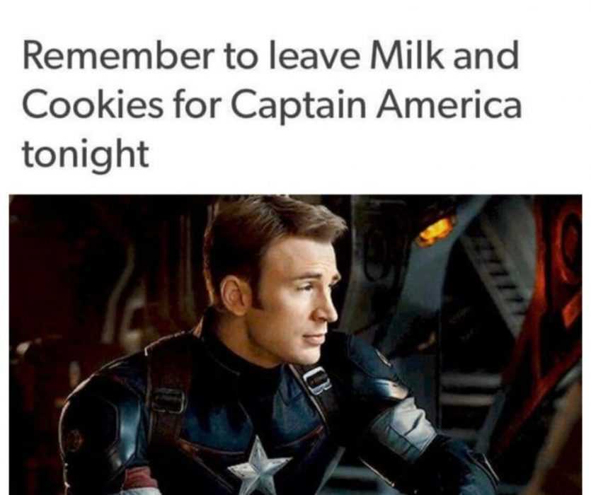 meme with captain america captioned with remember to leave milk and cookies for captain america tonight