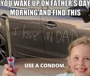 child writes i love my dad with screwdriver on car doors meme