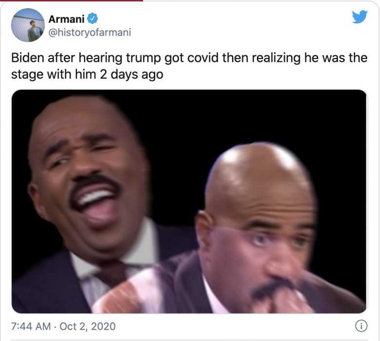 trump covid memes  meme showing someone laughing and then looking nervous captioned by biden after hearing trump got covid and then realizing he was on stage with him 2 days ago.