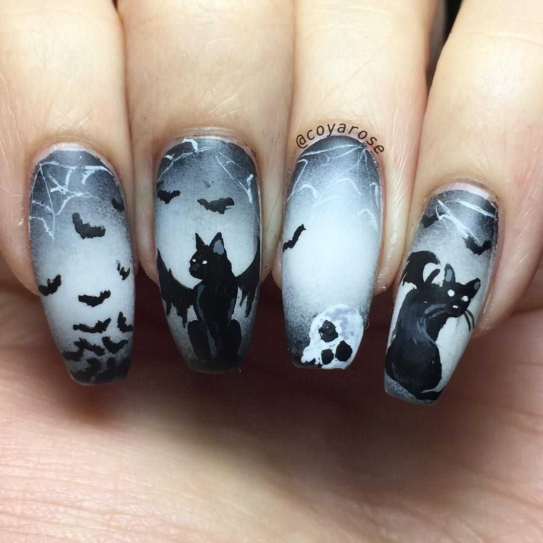 halloween nail designs  cat bat