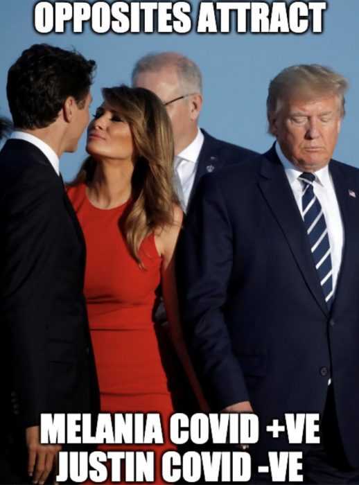 trump covid memes  photo of melania about to give justin a kiss captioned with "opposites attract".