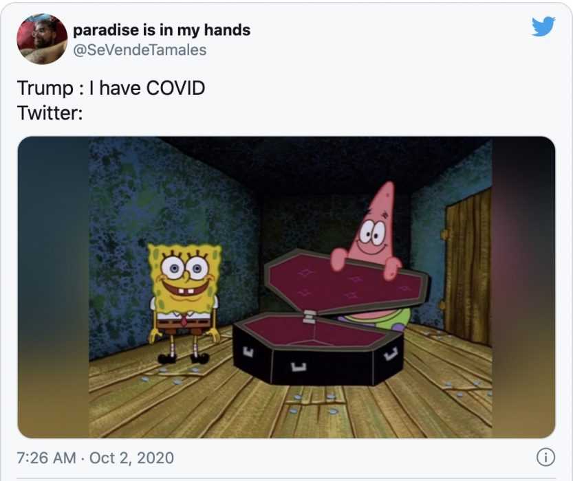 trump covid meme showing sponge bob waiting with an open coffin captioned by 'trump: I have covid" and twitter: the picture