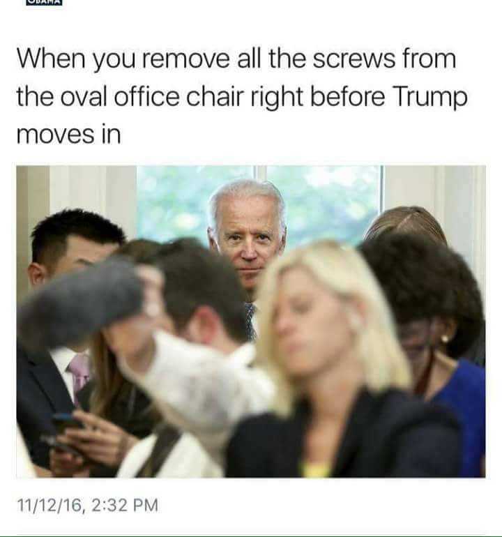 Obama and Biden Memes  biden removes screws in Oval Office furniture