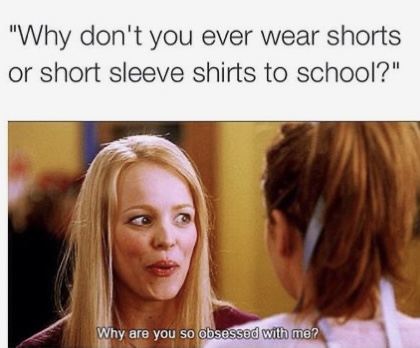 meme featuring a girl asking a hijab wearer why she doesn't wear short sleeve shirts to school.
