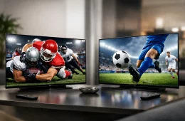 Two Tvs Side By Side Showing A Football Game And A Soccer Match