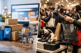 Split Image Of Shopping Boxes And A Cart On One Side And Black Friday Shoppers With Bags On The Other