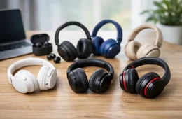 Rows Of White, Black, Navy And Red Budget Bluetooth Headphones On A Wooden Table