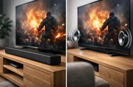 Tv On A Wooden Console With A Soundbar Below It Showing An Explosive Action Scene