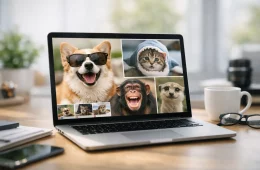 Laptop Screen Showing Funny Animal Photos Of A Dog In Sunglasses, A Cat And A Monkey