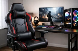Black And Red Gaming Chair At A Gaming Desk With A Monitor And An Rgb Pc