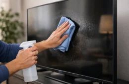Hand Wiping A Flatscreen Tv With A Blue Microfiber Cloth And A Spray Bottle