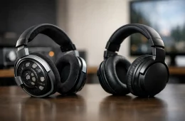 Openback And Closedback Overear Headphones Side By Side On A Wooden Desk