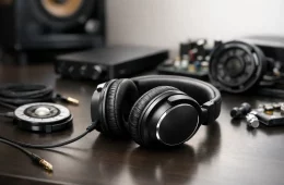 Overear Headphones With A Cable On A Dark Desk Next To An Audio Interface And Earbuds