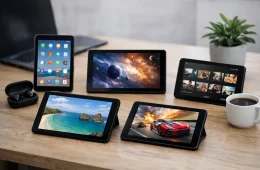 Five Budget Tablets Of Different Sizes On A Desk Showing Apps, Movies And A Beach Photo