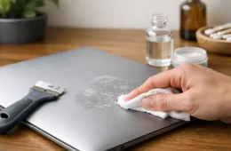 Hand Wiping Sticky Residue Off A Laptop Lid With A Cloth Next To A Scraper And A Cleaning Bottle