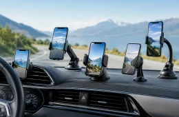 Five Phone Mounts On A Car Dashboard Holding Smartphones With A Mountain Road Ahead