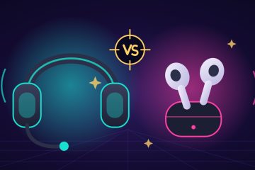 Gaming Headset And Wireless Earbuds Facing Off Around A Vs Crosshair Badge On A Neon Purple Background