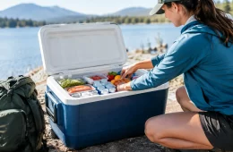 Woman Packing A Blue And White Cooler With Food And Ice Packs Beside A Lake