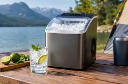Stainless Steel Countertop Ice Maker Full Of Ice Next To A Lime Cocktail By A Lake